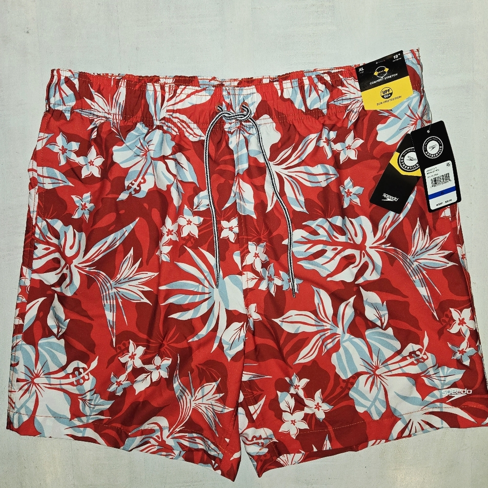 Speedo Men's Red Tropical Floral Swim Trunks UPF 50+ 18" Outseam NWT